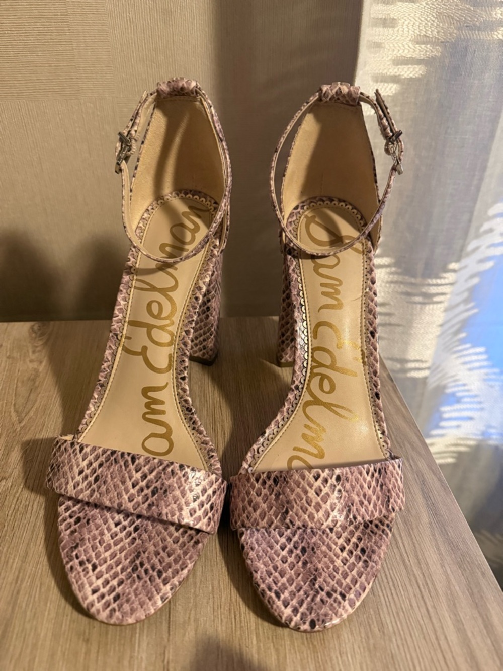 Sam Edelman Mauve Snakeskin Ankle-Strap Block Heels